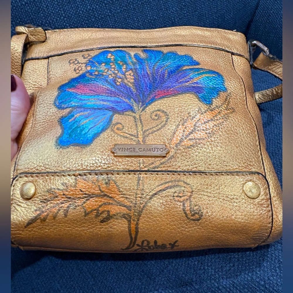 Vince Camuto Hand Painted Leather Crossbody Bag | Gold Floral Artisan Purse - Picture 4 of 14
